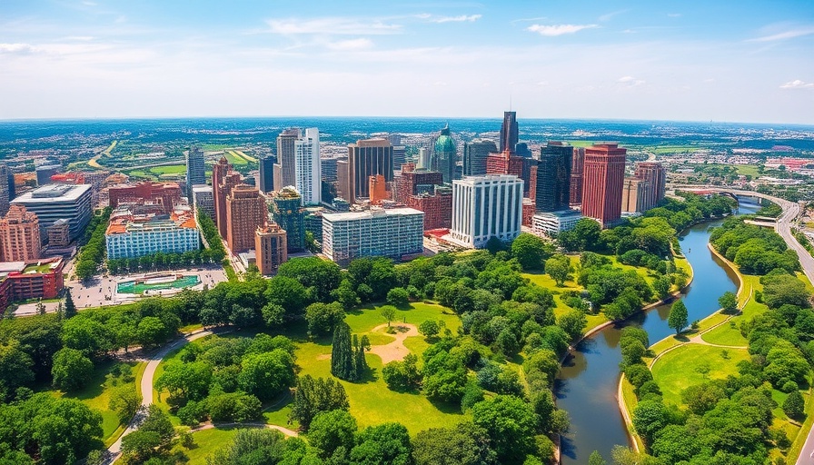 Aerial view of a city skyline representing housing market trends.