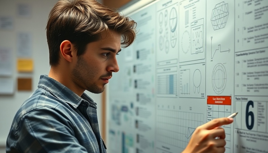 Young man brainstorming financial freedom plans with note-filled board.