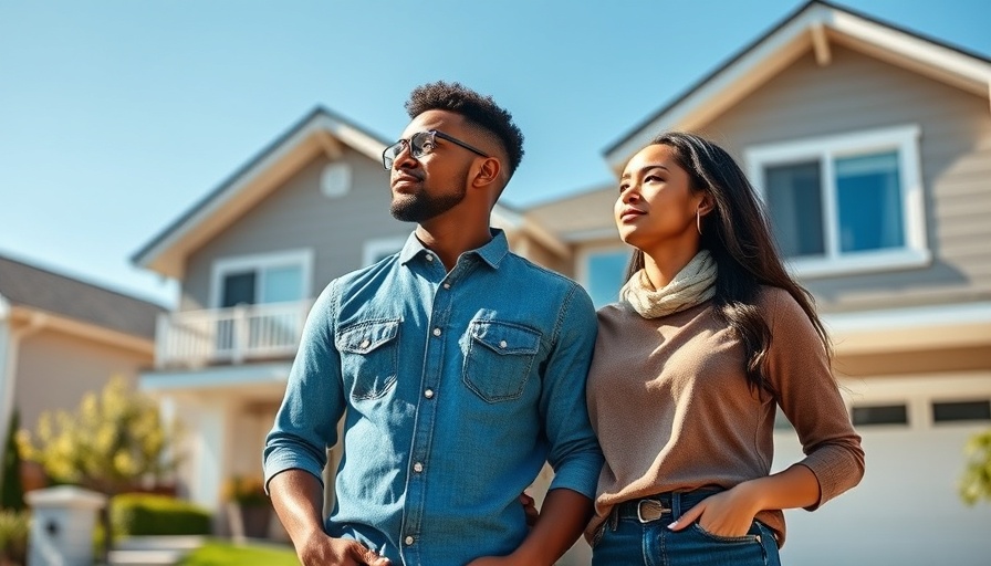 Confident couple in front of house representing real estate investment.