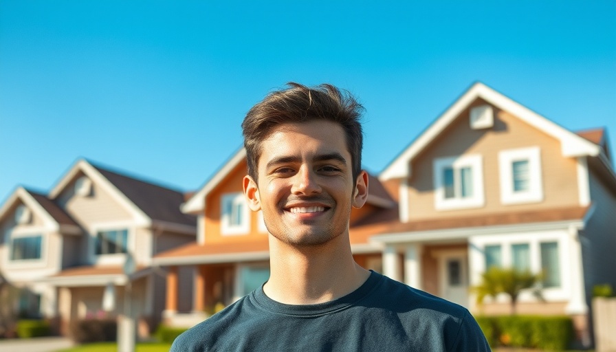 Smiling man in front of homes, representing the 2025 housing market.