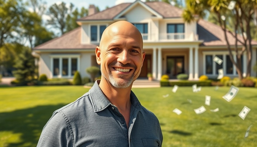 Bald man smiling in front of luxury house and lawn for real estate business.
