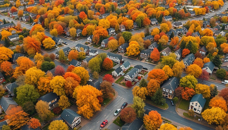 Aerial view of suburban homes and autumn trees, affordable real estate.