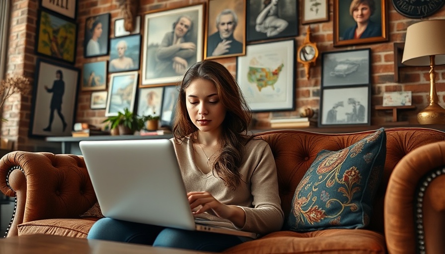 Casual woman using laptop, AI marketing tools workspace.