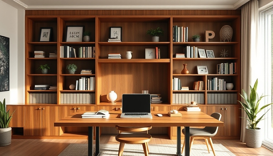 Modern home office setup with shelves and laptop.