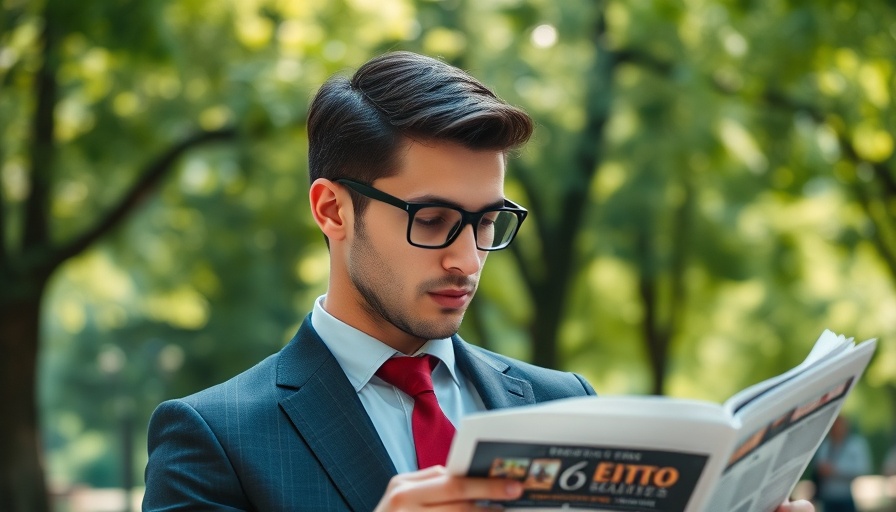 Young man reading newspaper in park for coupon marketing.