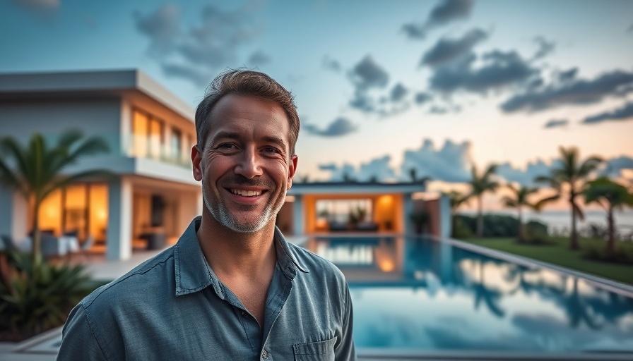 Real estate investment concept with modern house and smiling man.