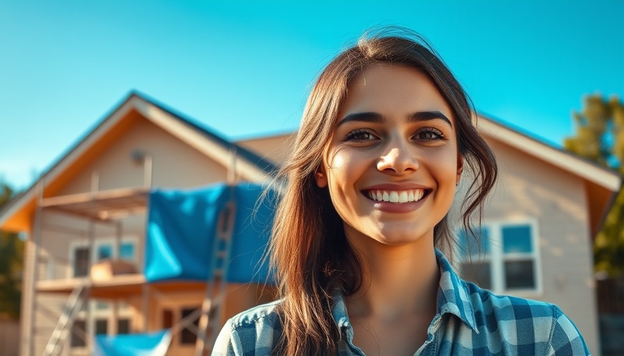 Smiling woman at home renovating site with scaffold and materials.