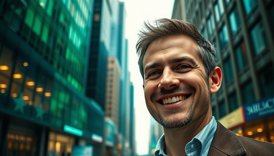 Confident man with financial district backdrop, financial conversations theme.