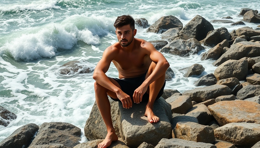 Man sitting on rocks by ocean waves, contemplating nature.