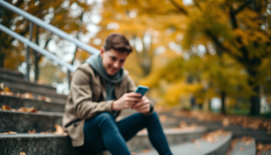 Person crossposting on smartphone outdoors, blurred steps background.