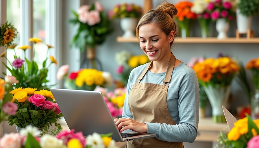 Florist managing orders with inventory management software on laptop.