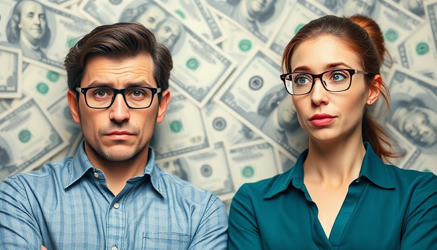 Confident man and skeptical woman discussing FIRE calculator, vibrant backdrop.
