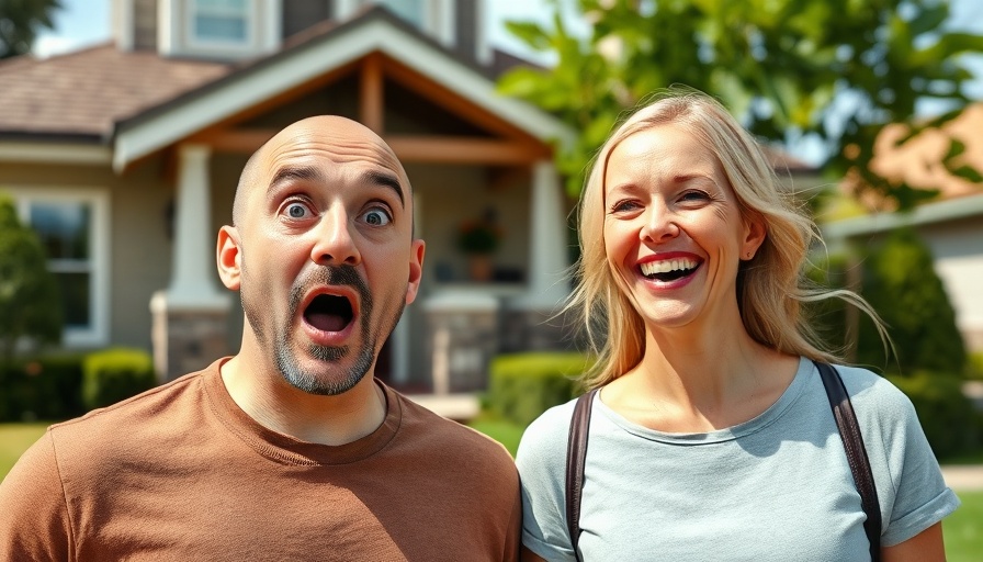 Surprised individuals in front of house, off-market real estate concept.