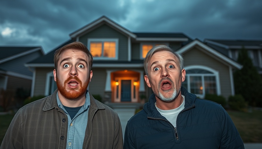 Surprised reactions to interest rates with suburban home backdrop.
