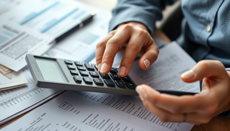 Person using calculator with documents, accounting tools.