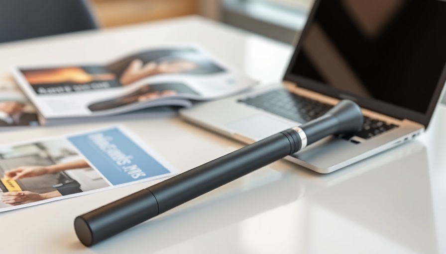 Sleek black smart cane on table with tech brochures, smart canes.
