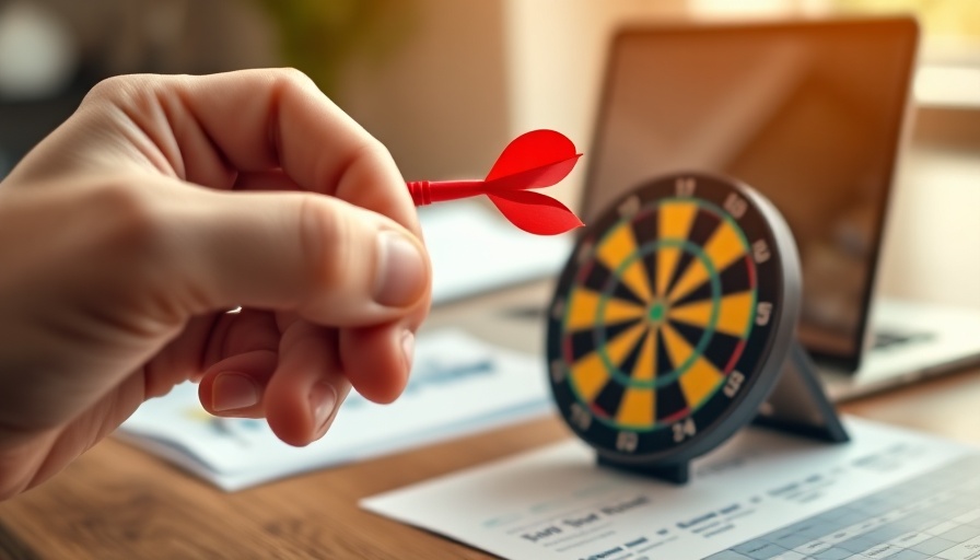 Person setting SMART goals with a dartboard and laptop.