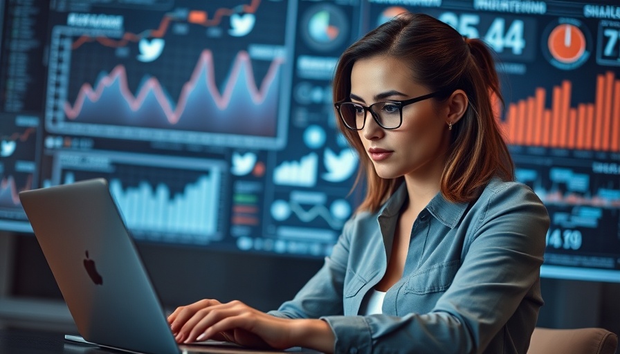 Professional woman analyzing social media insights, laptop in hand.