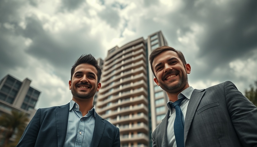 Dynamic real estate investment scene with businessmen and apartment.