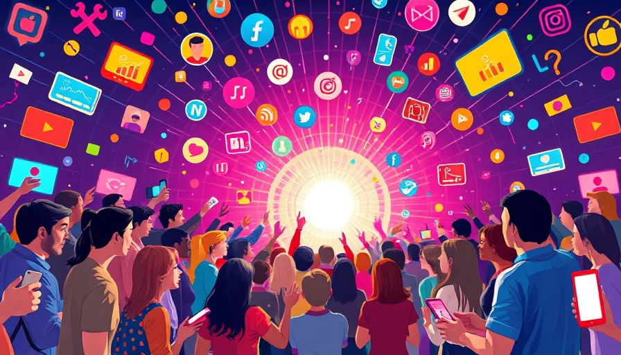 Shared Media digital illustration of social engagement with vibrant symbols.