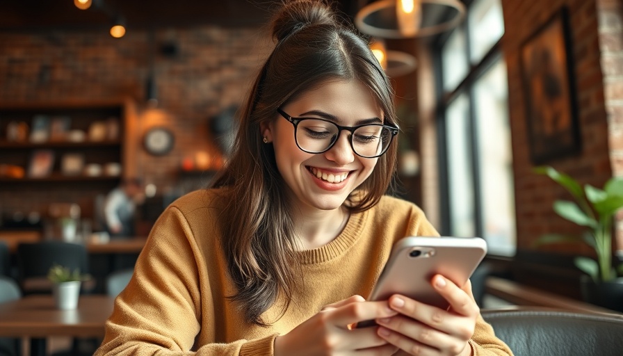 Young woman engaging with Instagram reach in a cozy cafe.