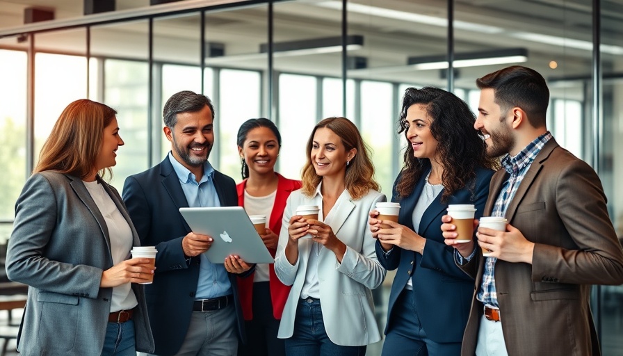 Employee retention: team discussing around a tablet in office.