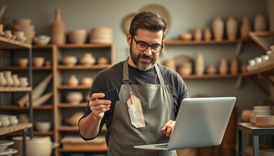 Man using laptop with credit card in pottery studio for 0% APR business credit cards.