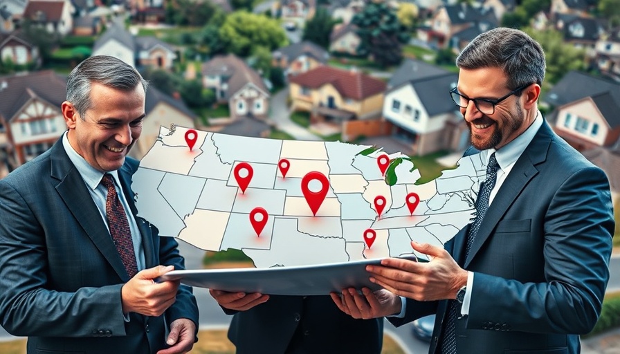 Smiling professionals with USA real estate market map.