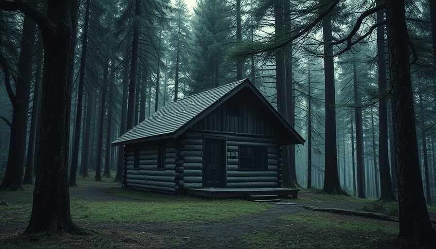 Horror-themed Airbnb cabin in a dense forest, eerie atmosphere.