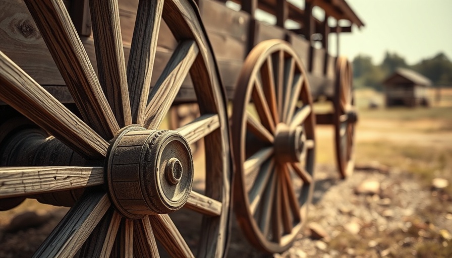 Old wooden wagon wheels in sepia tone, rustic setting.