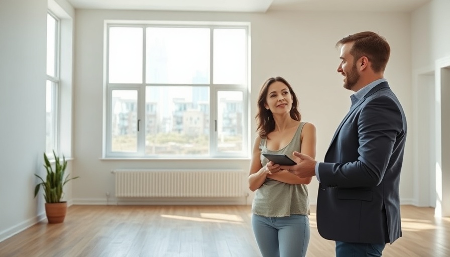 Business pair assessing property for fix and flip loans, bright room.