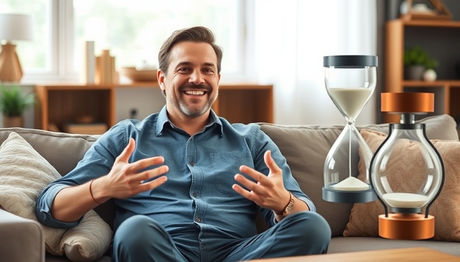 Smiling man with clock and hourglass, 'Time Blocking' concept.