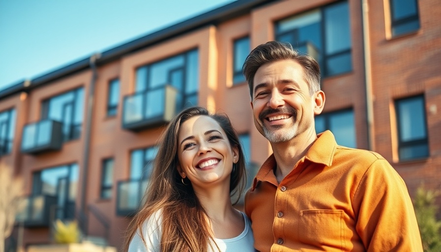 Cheerful couple promoting multifamily investment outside modern building.