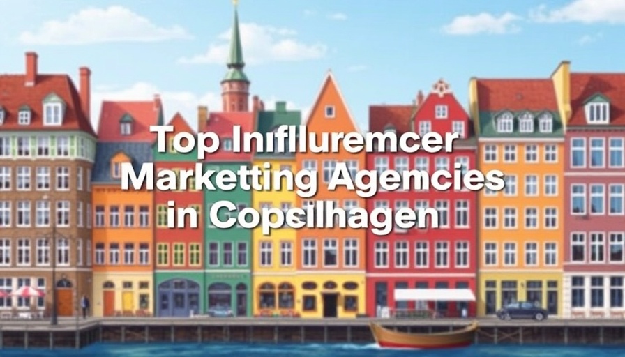 Vibrant illustration of buildings promoting influencer marketing agencies in Copenhagen.