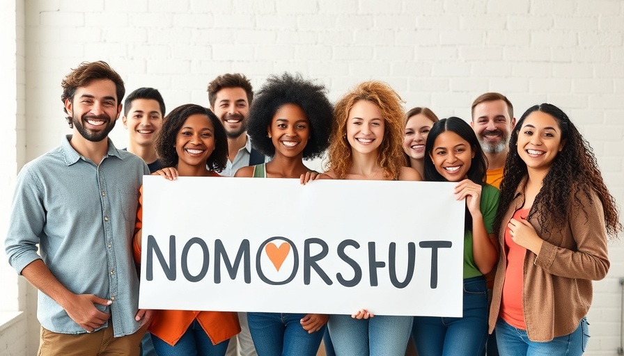 Diverse group holding nonprofit sign smiling, promoting nonprofit organizations.