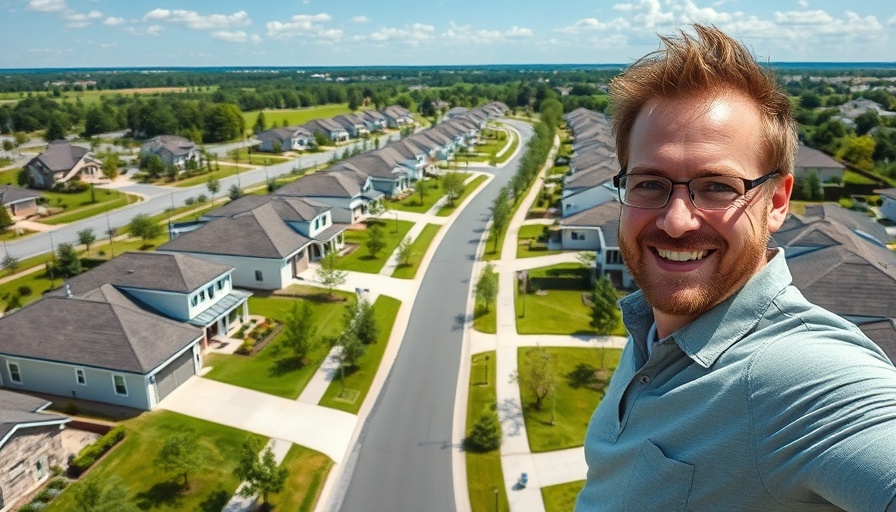 Smiling man in front of suburban homes representing home sales success.