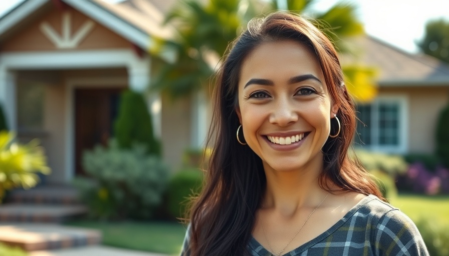 Smiling woman in front of house, real estate investing concept.