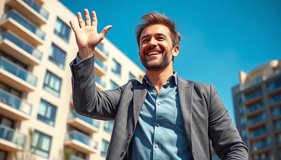 Cheerful man with apartment building, passive income concept.