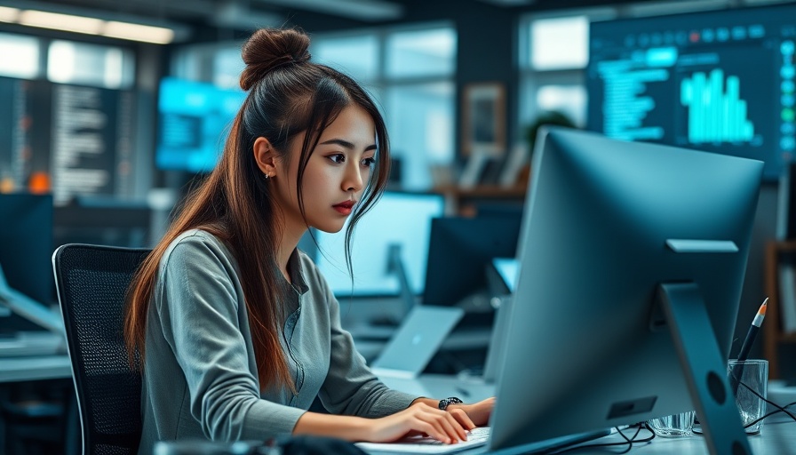 Young woman at desk coding in modern office, mineral rights value research.