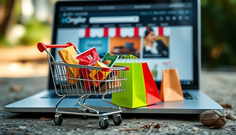 Impulse buying concept with miniature cart and shopping bags.