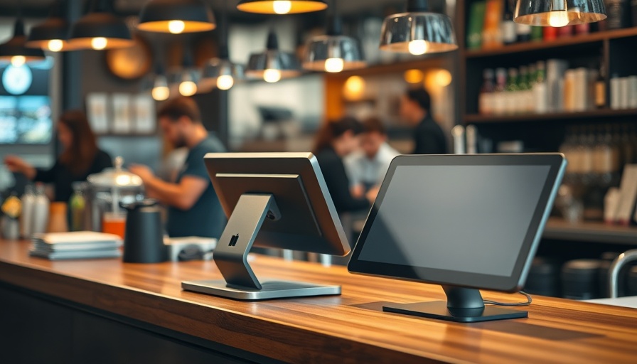 Modern bar POS system with tablet in busy cafe setting.