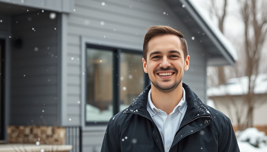Real estate expert in snow in front of modern house, smiling.