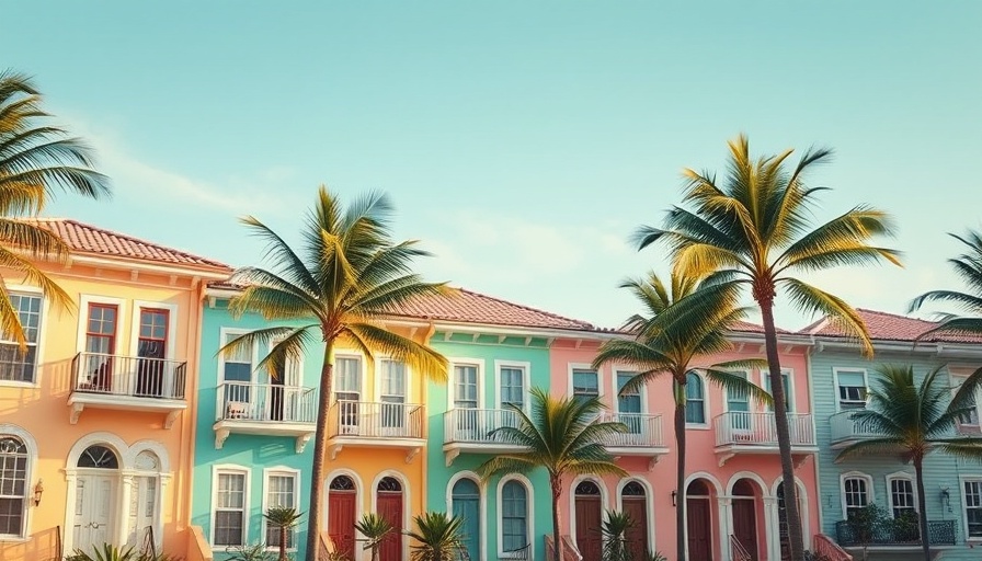 Colorful townhouses with palm trees, ideal Airbnb destinations.