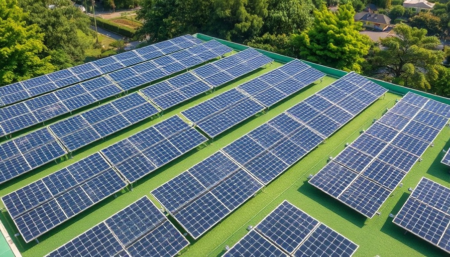 Solar energy panels on green rooftop amidst lush trees.