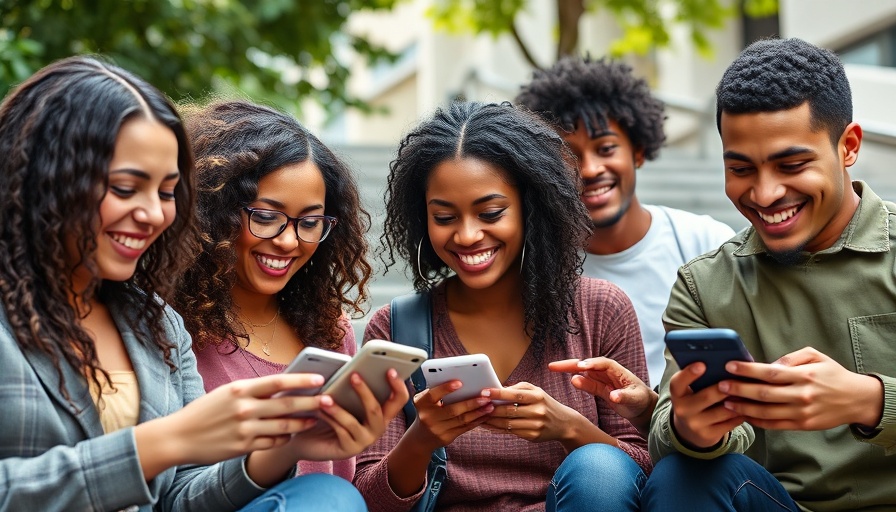 Diverse group enjoying social media impact outdoors.