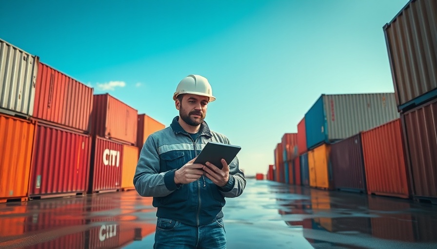 Logistics worker in container yard using tablet for real-time shipment tracking.