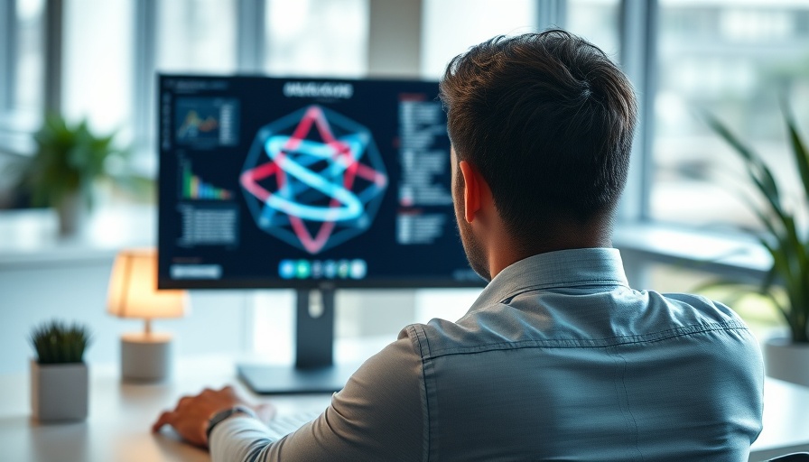 Person analyzing computer screen with logo design in office.