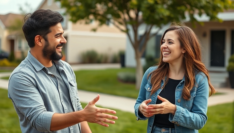 Smiling individuals discussing rental property investment in suburban area.