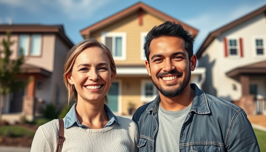 Smiling couple in front of suburban rental property; modern housing.