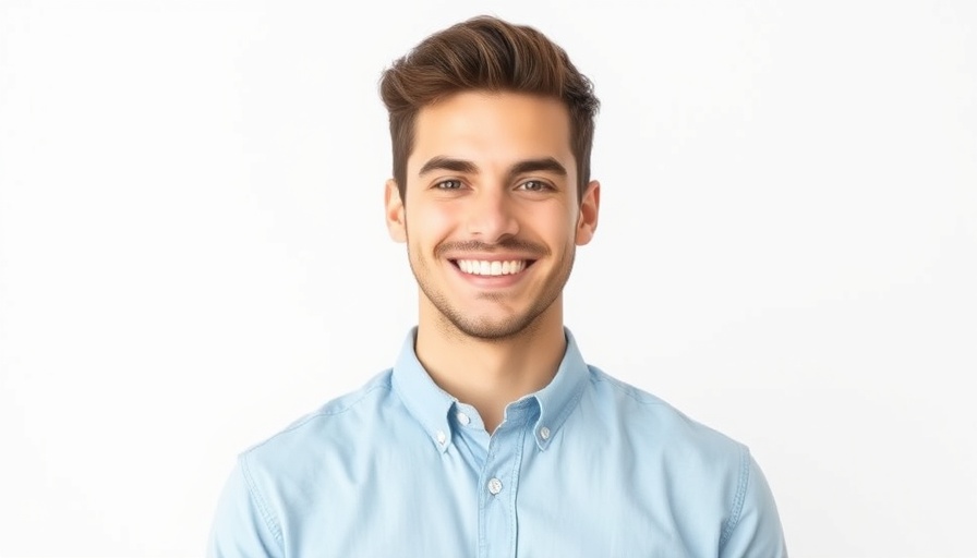 Smiling young man in a light blue shirt, minimalistic style.